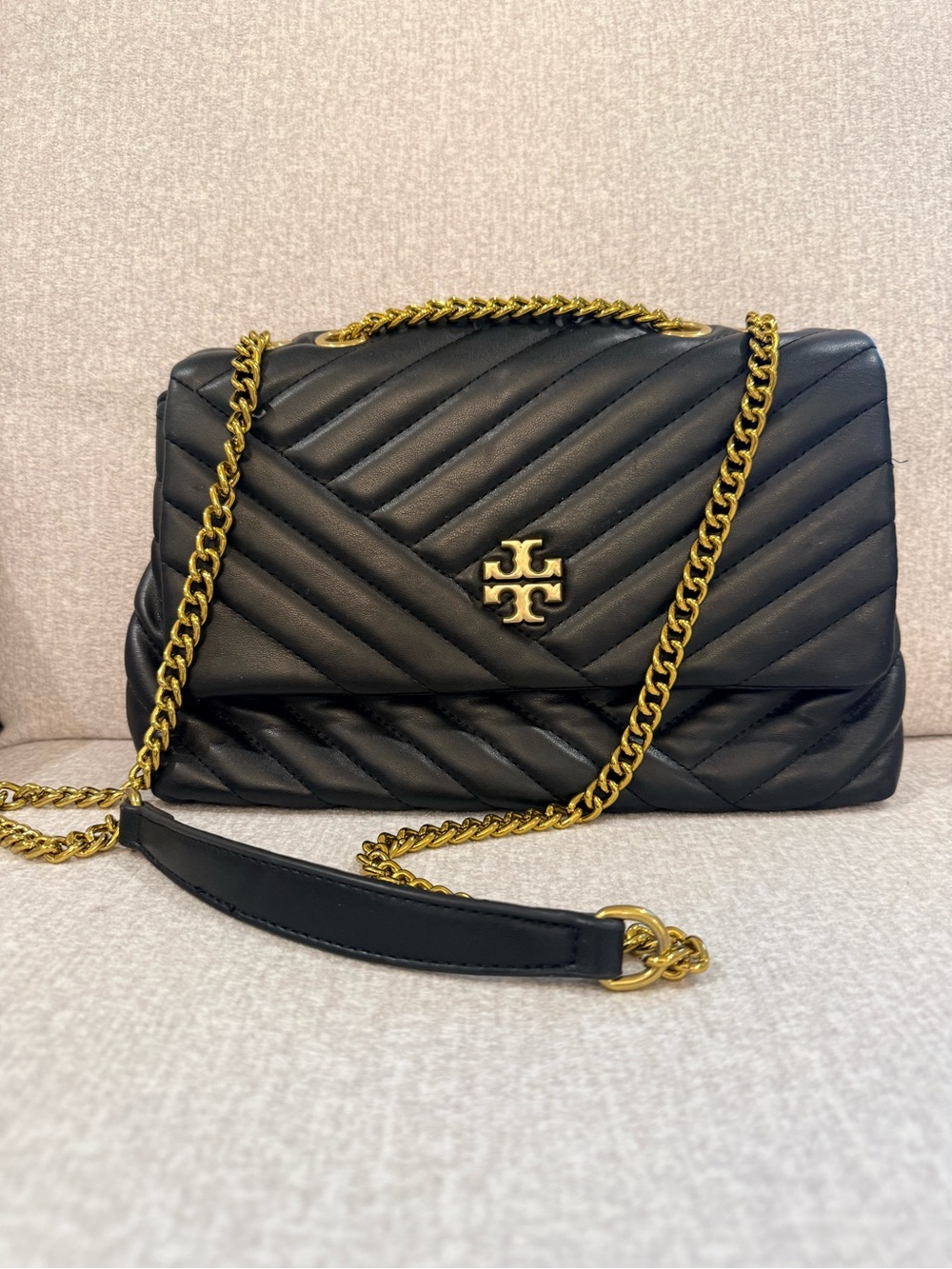 Tory Burch Black Chevron Quilted Shoulder Bag with Gold Chain
